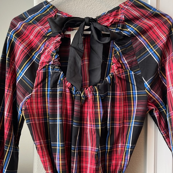 NWT DRAPER JAMES RED & BLUE PLAID TIERED BOW BACK DRESS - Picture 7 of 8